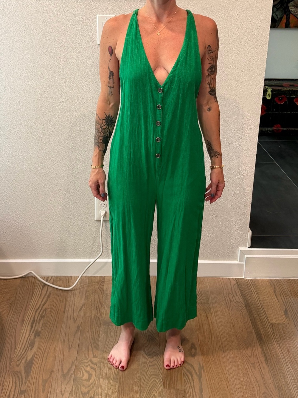 Free People Sleeveless V-Neck Green Jumpsuit (